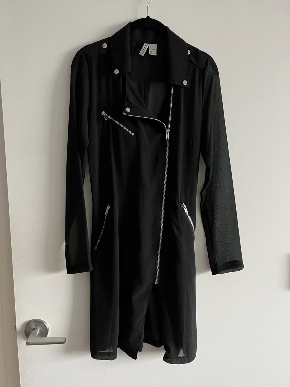 H&M Black Sheer Moto-Style Trench coat Jacket with Silver Hardware size 4